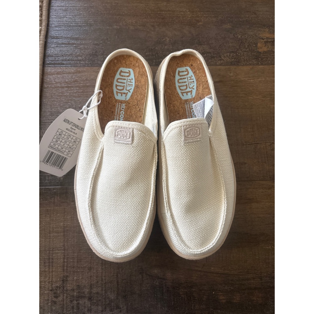 Hey Dude Austin Lift Espadrille Woven Mules Egret Cream Platform Shoes NWT 8